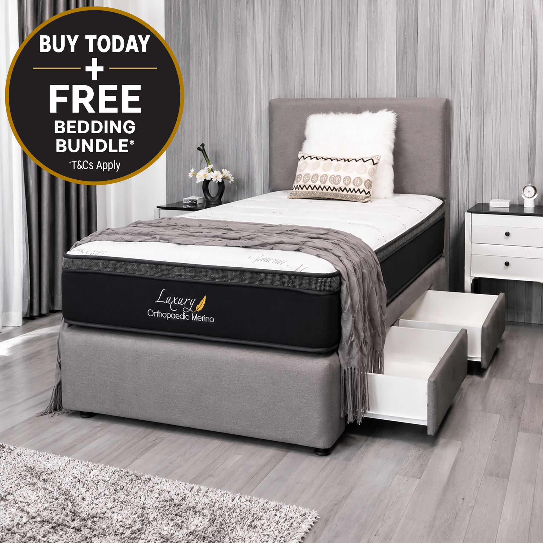 King Single Extra Firm Mattress and Light Grey Drawer Base