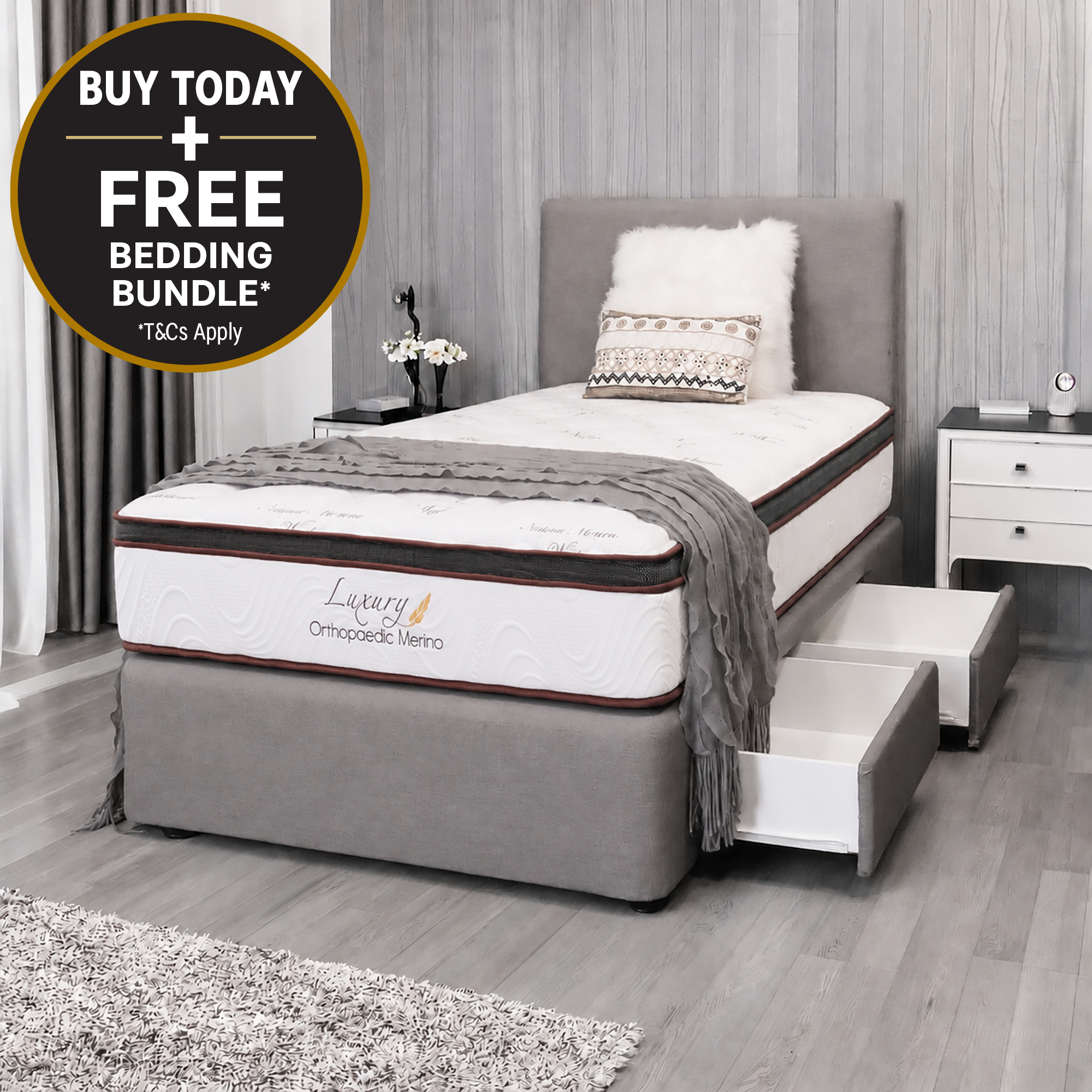 King Single Medium Mattress and Light Grey Drawer Base