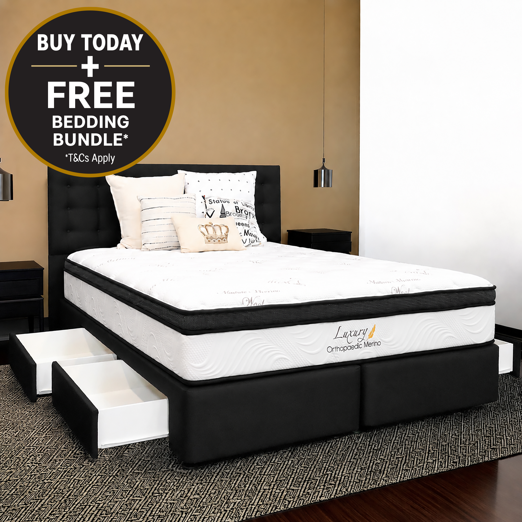 Queen Orthopaedic Merino Mattress & Drawer Split Base